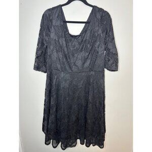Lane Bryant Women's Black Lace V-Neck 3/4 Sleeve Dress back zipper Size 14 Midi